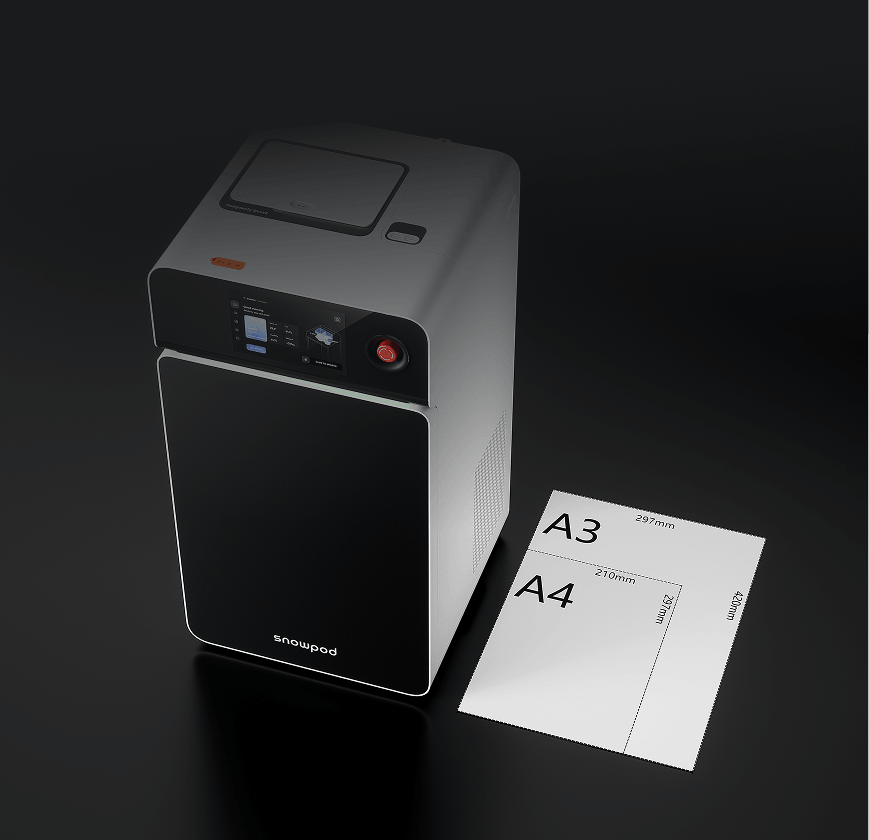 机上サイズの金属3DプリンターSnowPodとA3・A4用紙の比較