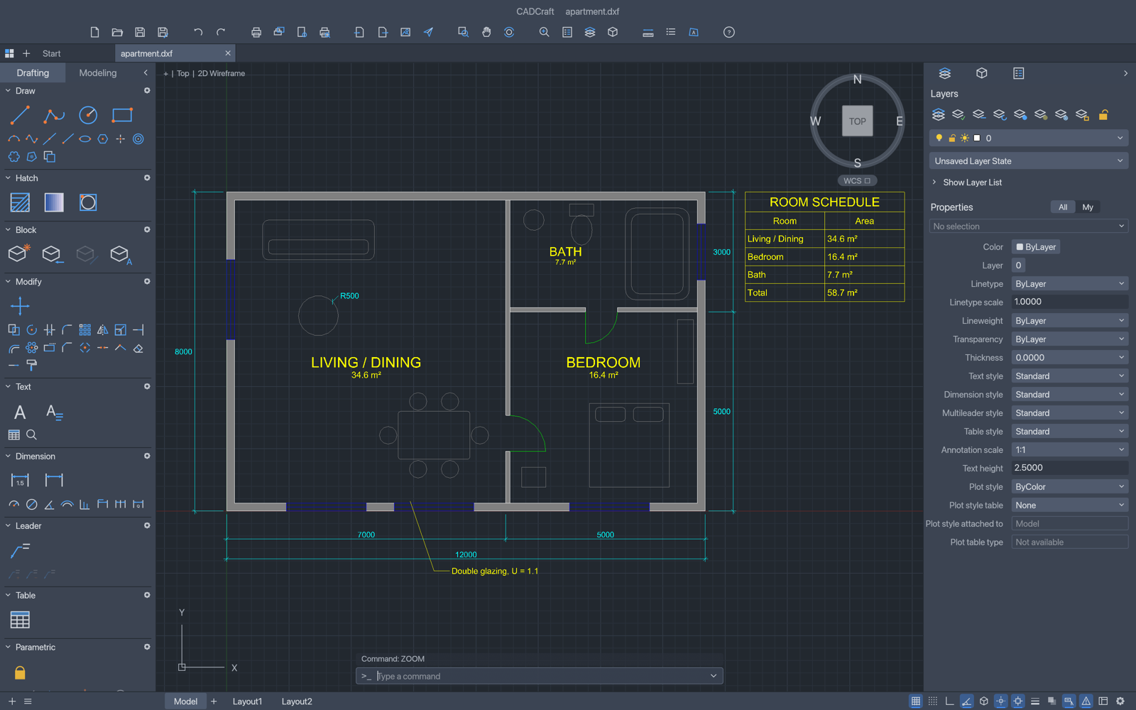 Apartment floor plan displayed in CADCraft
